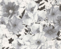 Zarter englischer Chiffonstoff MYANNE, Blütenzweige, gebrochenes weiß-anthrazit
