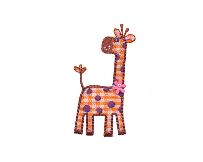Applikation KARO GIRAFFE, Giraffe mit Blume, orange-weiß-lila