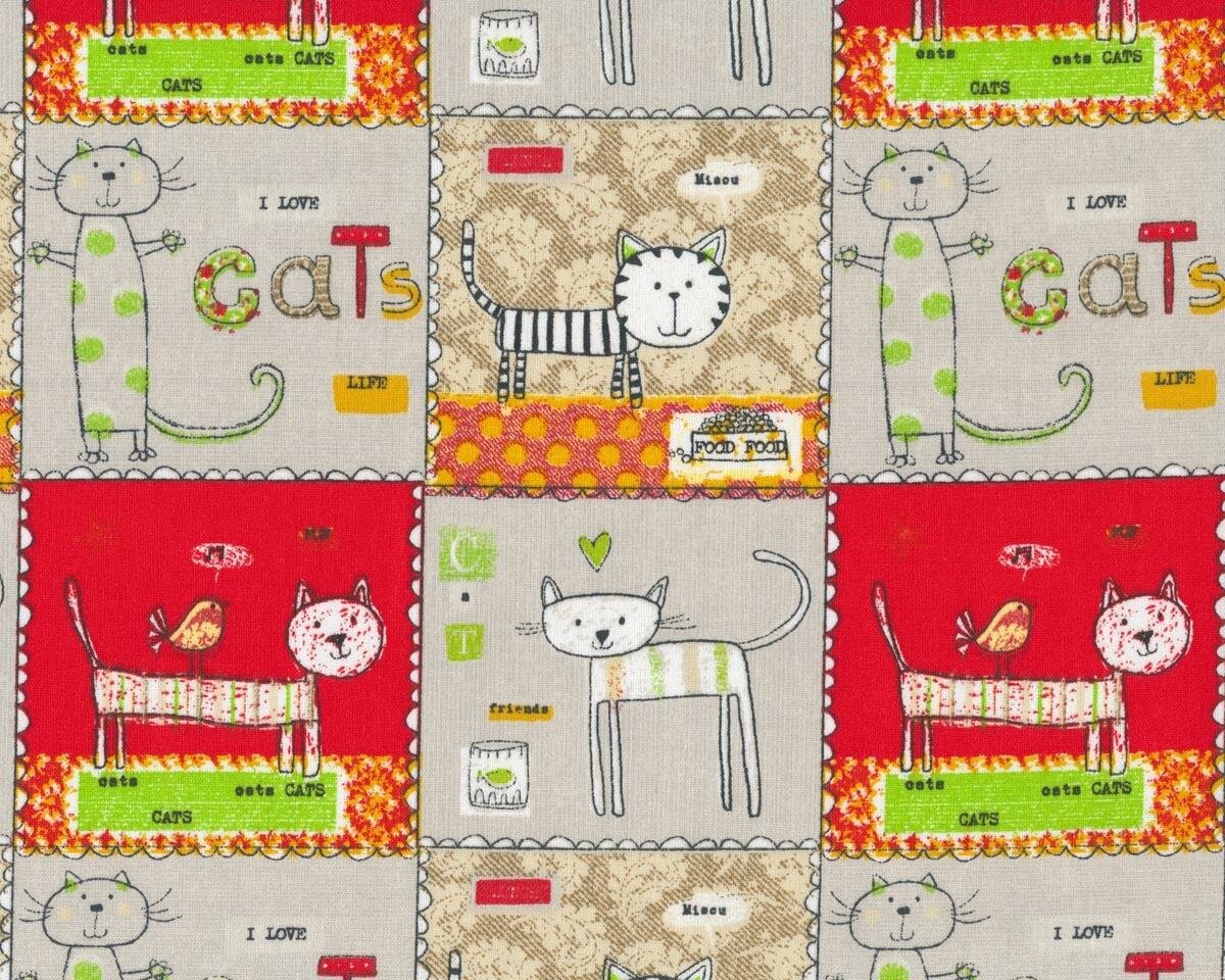 Katzen Japan Baumwollstoff Weiß Braun Schwarz Gefleckt Fell Fabric By