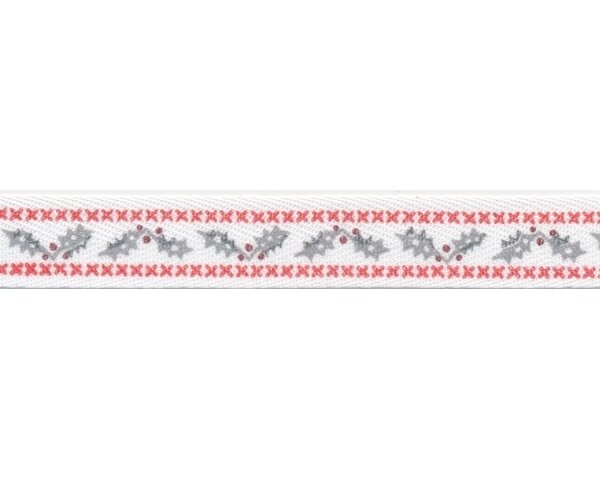 Bedrucktes Köperband ILEXKREUZ, Ilexranke mit Kreuzstichbordüre, weiß-rot-grau