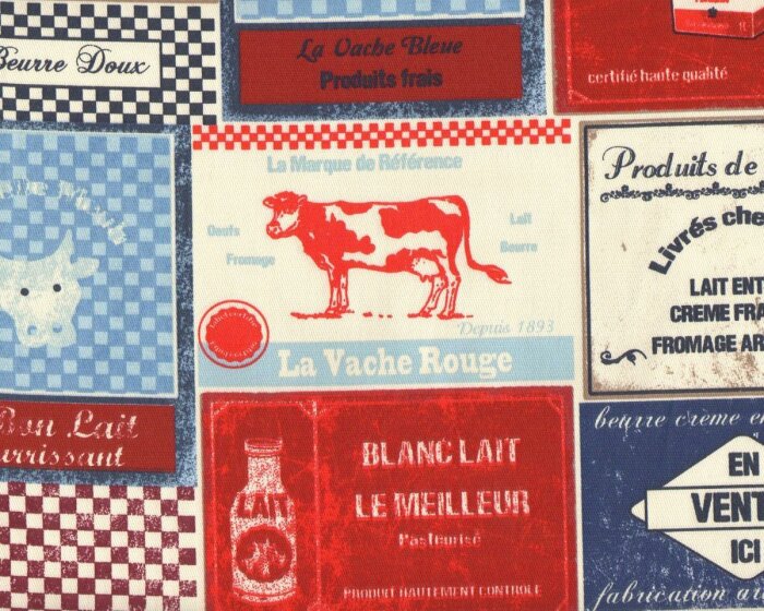 60-cm-Rapport Feiner Baumwoll-Dekostoff CREMERIE, französische Schilder mit Kuh, rot-dunkelblau