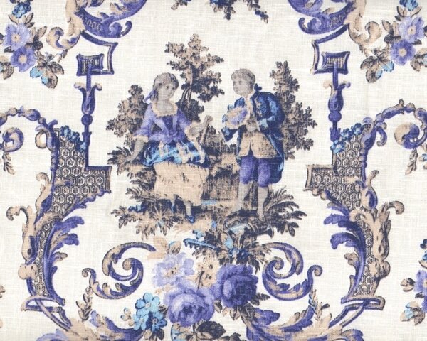 Leinen-Dekostoff CAUSETTE, Rokoko-Malerei, dunkellila-weiß