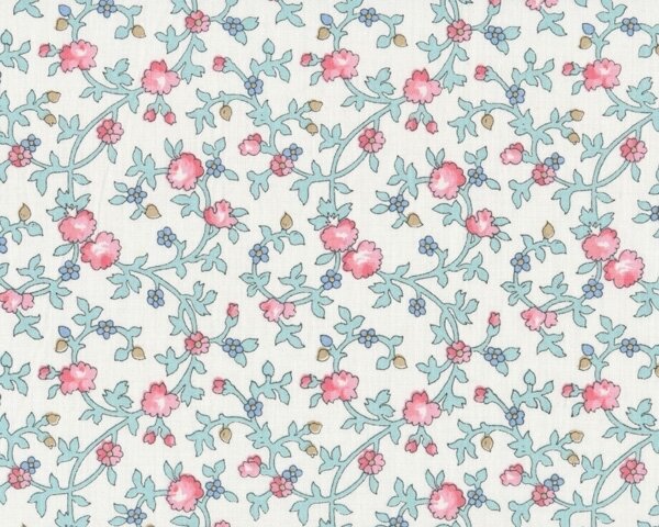 Dekostoff "Röschen" mit Rosenranken, gebrochenes weiß-rosa-helles türkis