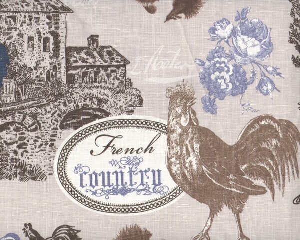 Leinen-Dekostoff COUNTRY, Landschaft und Hähne, taubenblau-braun