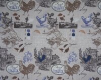 Leinen-Dekostoff COUNTRY, Landschaft und Hähne, taubenblau-braun