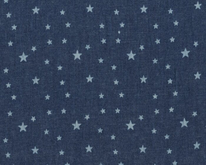Feiner gemusterter Designer-Jeansstoff aus Italien GOSTAR, Batik-Sterne, gedecktes jeansblau