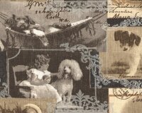 Leinen-Dekostoff MARCONI, Retro Kinder- und Hunde-Fotos, beige-grau