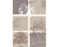Leinen-Dekostoff VERGARDEN, Bäume und Schrift, schlammbraun-natur