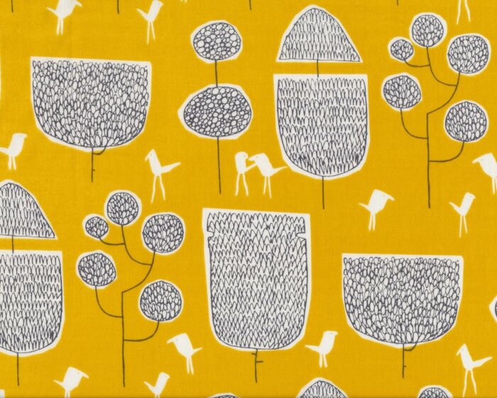 Patchworkstoff Organic Cotton YOYOGI PARK, Strichel-Bäume und Vögel, senfgelb