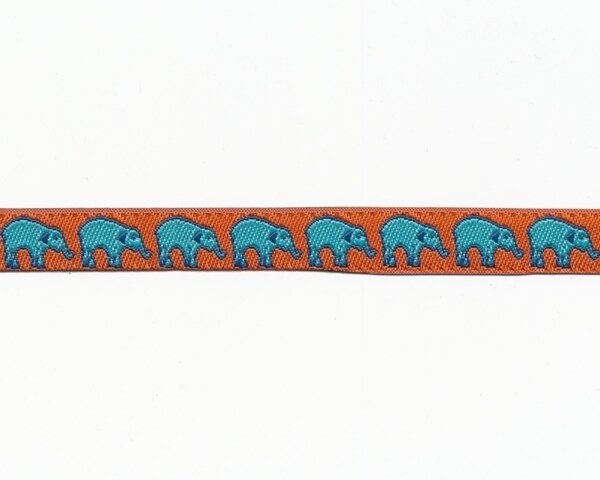 Webband ELEFANTÖS, Elefantenmarsch, 10 mm breit, orange-türkis