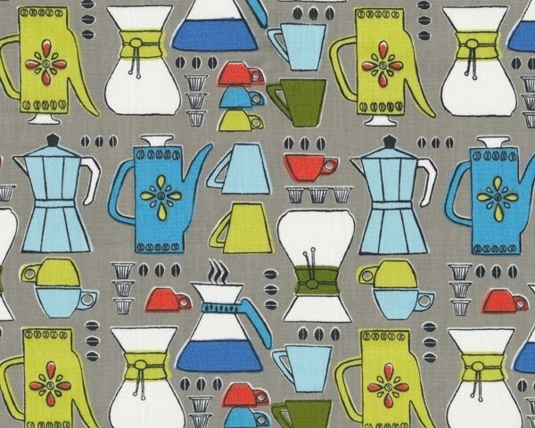 Patchworkstoff Organic Cotton GOTS, MODERN HOME, Kaffeekannen, blau-limette