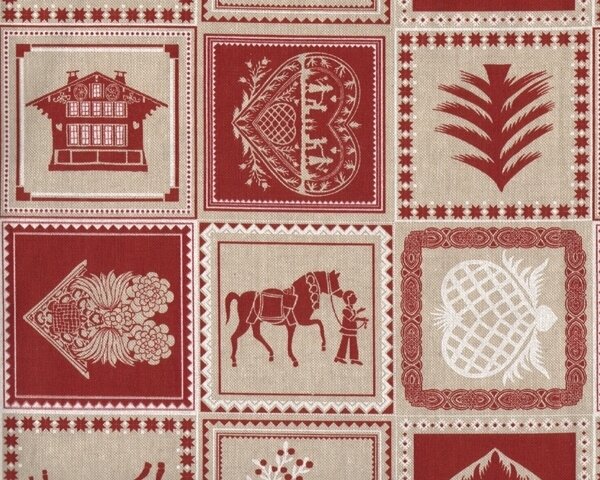Weihnachts-Dekostoff Folklore im Quadrat mit winterlichen Motiven, natur-weinrot
