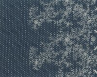 Baumwoll-Jeansstoff mit Stickerei BORDÜRE, Blütenranken auf Punkten, jeansblau