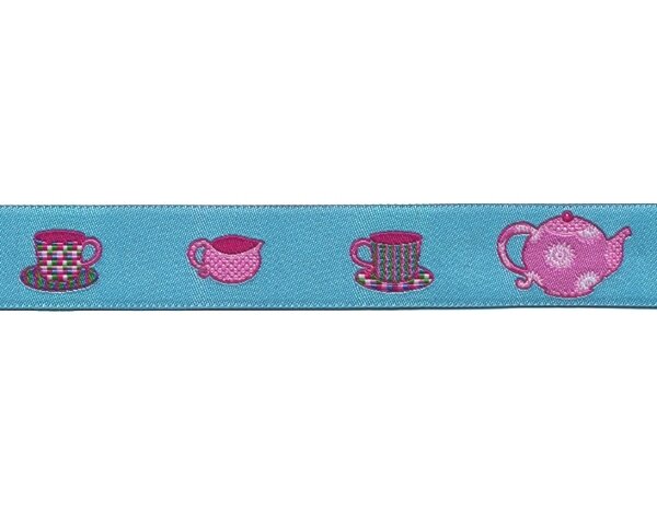 Webband TEA TIME, Kaffegeschirr, 23 mm breit, hellblau-pink
