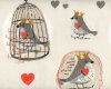 Baumwoll-Dekostoff PINSON CRETONNE, Vögel mit Herz und Krone, natur hell-rot