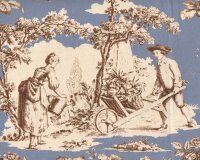 Dekostoff Toile de Jouy "Courtisane", Gärtner, Hirtenjunge und Kurtisane, extrabreit, taubenblau-natur