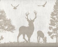 60-cm-Rapport Leinen-Dekostoff FUTAIE, Hirsche im Wald, wollweiss-natur