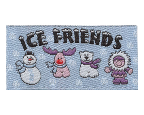 Jacquard-Etikett "Ice Friends", 4 Winterfiguren, hellblau