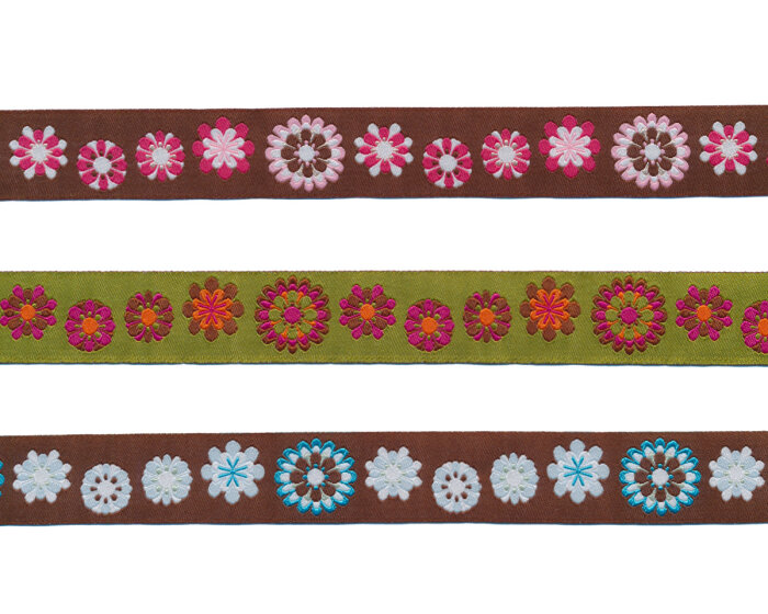 Webband ROUND FLOWER, Comic-Blüten, 22 mm breit, 3 Farben