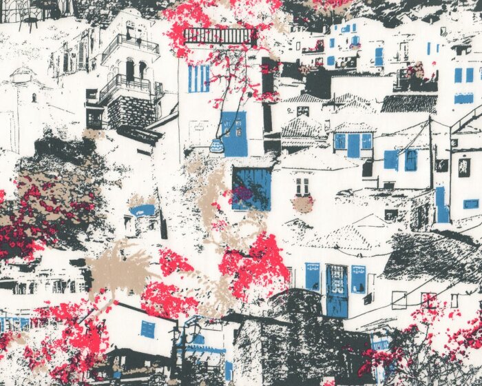 Feiner Popeline-Patchworkstoff SKOPELOS, Häuser, fuchsia-gedecktes blau