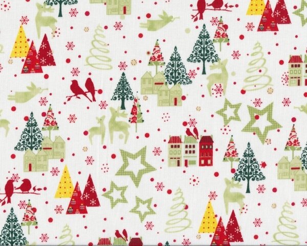 Patchworkstoff A Christmas Story mit kleinen Tannenbäumen und Häusern, hellgrün-rot