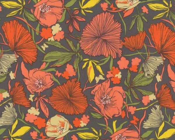 Patchworkstoff "Bryant Park" mit Mohnblumen und Astern, lachsrot