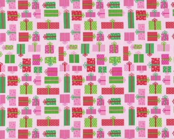 Patchworkstoff "Christmas Candy" mit vielen kleinen Geschenken, rosa-grün-rot