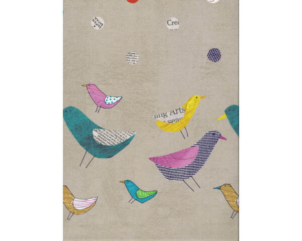 Patchworkstoff COLLAGE mit Punkten und Vögeln als einseitige Randbordüre, beigegrau meliert