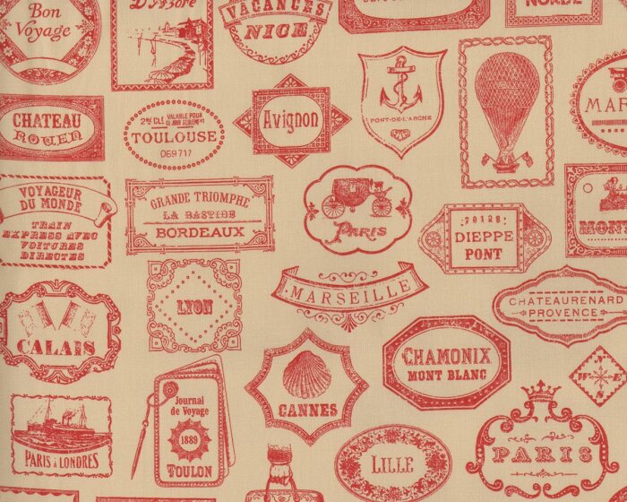 Patchworkstoff BON VOYAGE, Frankreich-Etiketten, beige-gedecktes rot, Moda Fabrics