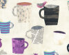 Patchworkstoff COLLAGE mit bunten Comic-Tassen, creme-lila-hellgrau