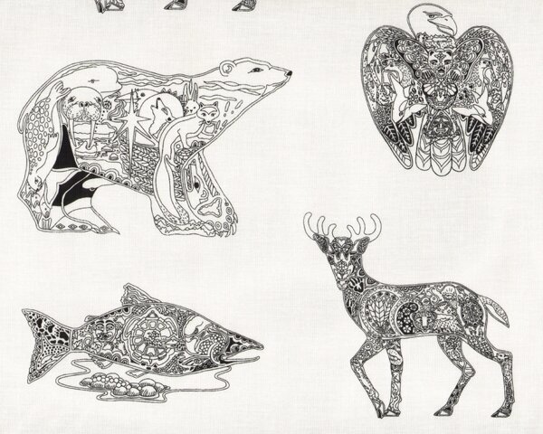 Patchworkstoff Animal Spirits, wilde Tiere mit Zentanglemuster, schwarz-weiß