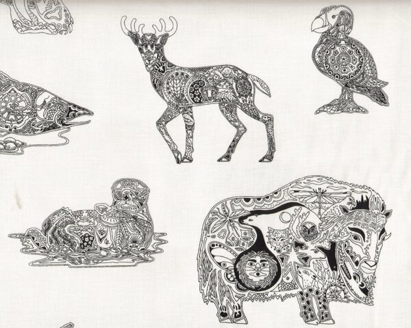 Patchworkstoff Animal Spirits, wilde Tiere mit Zentanglemuster, schwarz-weiß