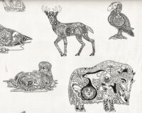 Patchworkstoff "Animal Spirits", wilde Tiere mit Zentanglemuster, schwarz-weiß