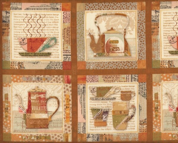 30-cm-Rapport Patchworkstoff Teapot mit Teekannen im Rahmen mit Schrift und Noten, hellbraun