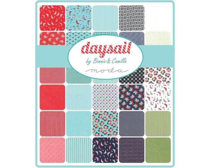 Patchworkstoff DAYSAIL, Ovale und Rauten, rot-helles türkis, Moda Fabrics