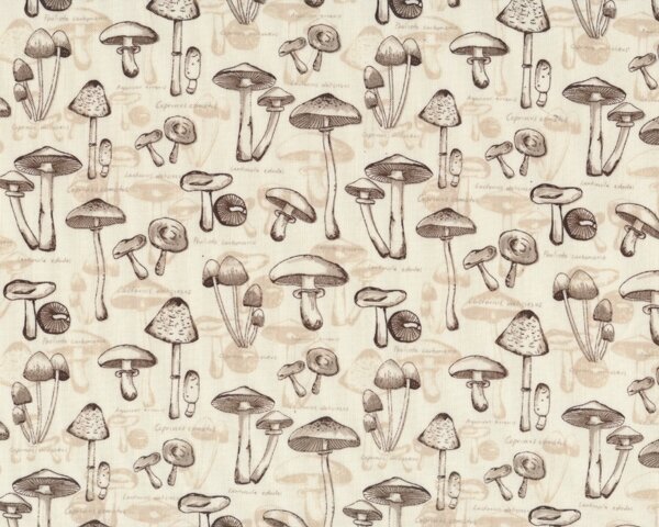 Patchworkstoff "Mushrooms" mit Pilzen auf Schriftgrund, braun-hellbeige