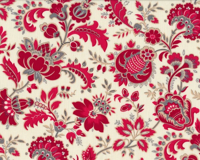 Patchworkstoff RED IS THE NEW NEUTRAL, oppulente Vintage-Blüten, helles beige-dunkelrot