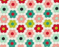 Patchworkstoff HANDMADE, Hexagon-Blüten, türkisgrün-rot-hellgrün, Moda Fabrics