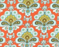 Patchworkstoff BELLE FRENCH WALLPAPER, ornamentale Paisley-Blüten, orange-helles türkis