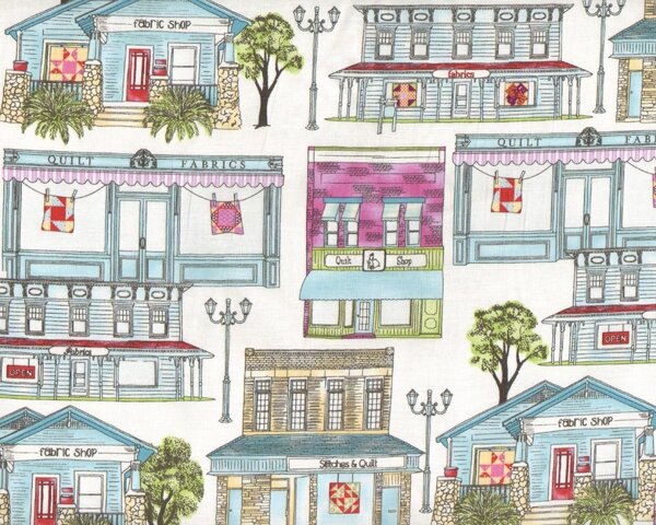 Patchworkstoff SHOP LOCAL, amerikanische Quilt-Shops, pink-weiß