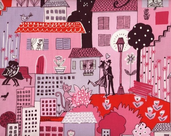 Patchworkstoff Love City, Stadtbild am Abend mit Liebespaaren, pink-rot