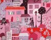 Patchworkstoff "Love City", Stadtbild am Abend mit Liebespaaren, pink-rot