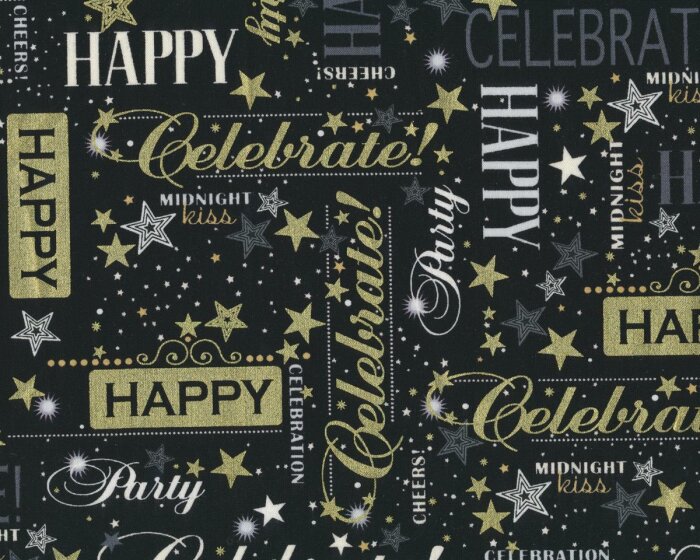 Patchworkstoff LETS CELEBRATE, Schrift und Sterne, schwarz-gold metallic