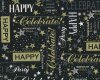 Patchworkstoff LETS CELEBRATE, Schrift und Sterne, schwarz-gold metallic