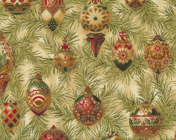 Patchworkstoff "Weihnachtsklassiker" mit Christbaumkugeln, gold-beige