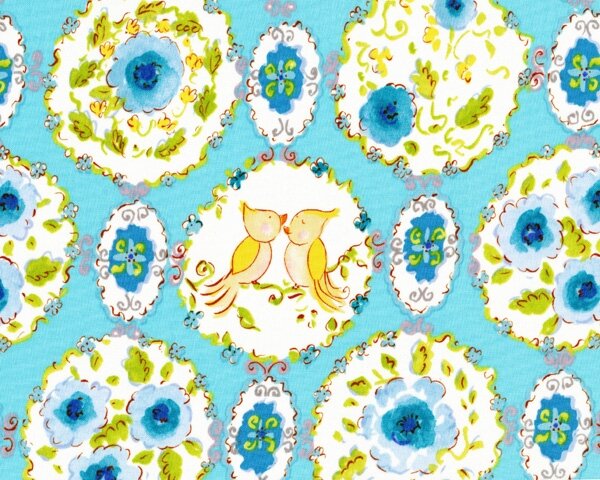 Patchworkstoff "London" mit Blüten-Bouquet und Vögelchen, hellblau-helles apfelgrün