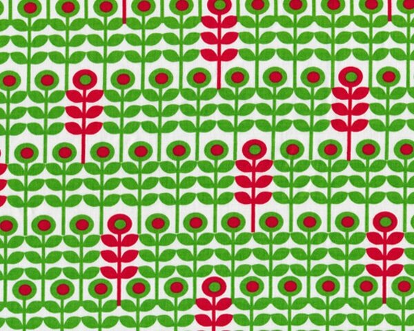 Patchworkstoff "Brr!" mit stilisierten Blumenstielen, maigrün-rot-weiß