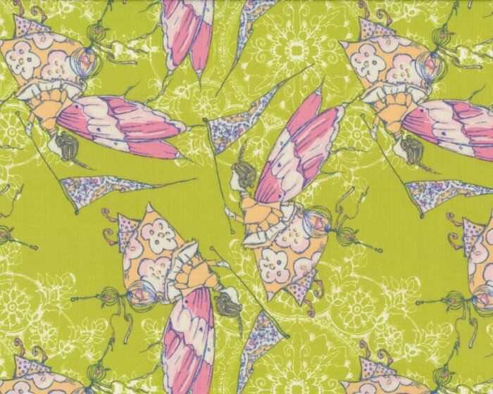 Patchworkstoff FEATHER FLOCK, Schmetterlingsfeen, apfelgrün-altrosa