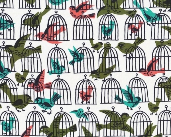 Patchworkstoff "Cage Free" mit Vogelkäfigen, moosgrün-türkis