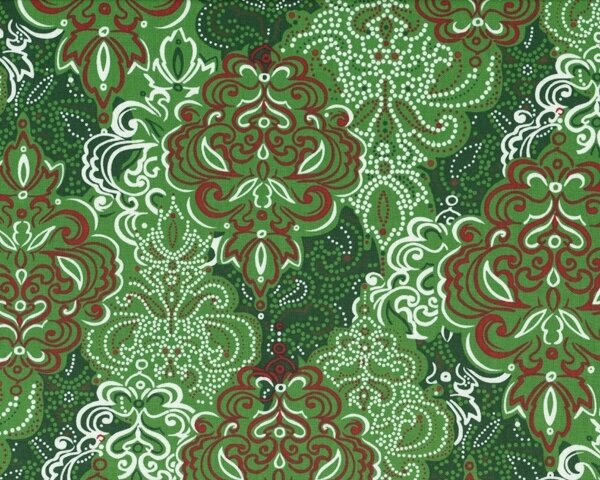 Patchworkstoff "Christmas Baroque Print" mit großen Ornamenten, grün-tannengrün